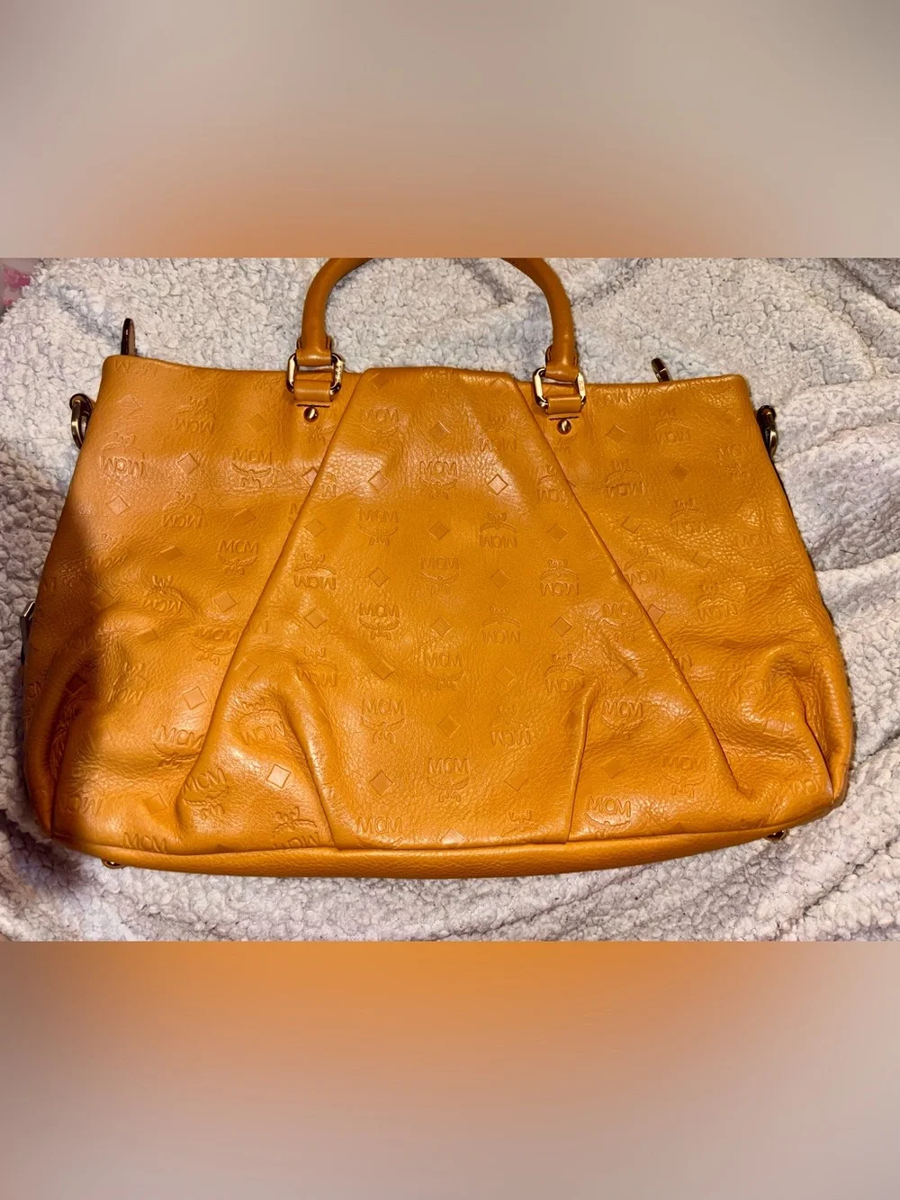 MCM Cognac Embossed Full Leather Tote with Top Handles & Long Strap - LIKE NEW